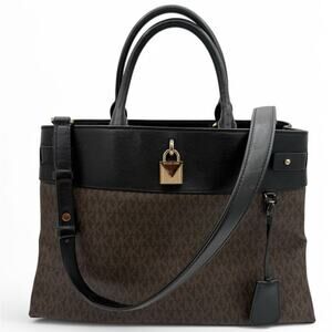 Michael Kors Brown Signature Monogram Gramercy Satchel Tote Bag with Lock Detail